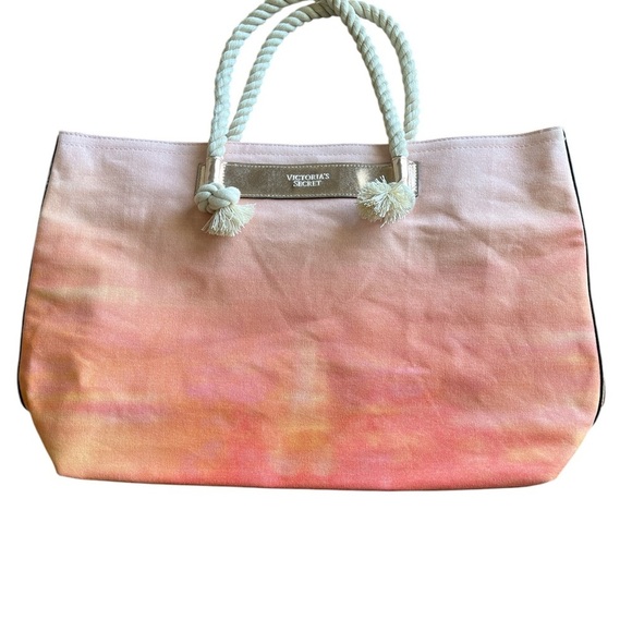 Victoria's Secret Pink and Orange Tote Bag Rope Handles Gold Bottom Lined - Picture 1 of 9